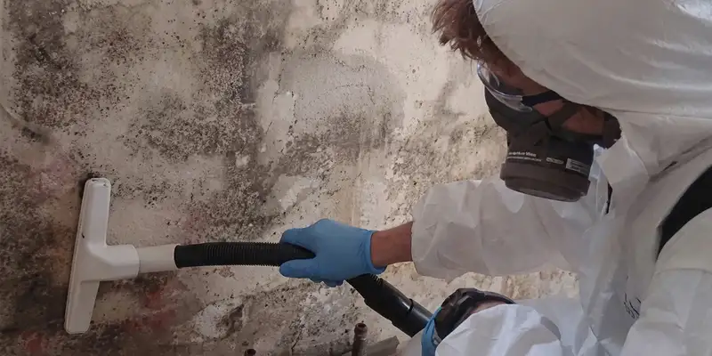 professional mold removal technician wearing protective equipment removing mold from a wall in Savannah, GA